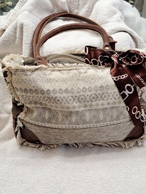 Myra Bag Beige and Brown Patterned Fringe Tote with Hair On Hide & Scarf Accent